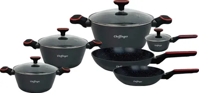 Produktbild von Cheffinger 10-teiliges schwarzes Topfset, Kochtöpfe, Töpfe Induktion | Kochgeschirr Set, Topfset induktionsgeeignet FA2010B