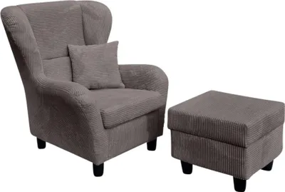 Produktbild von Ohrensessel mit Hocker Landhausstil Polster-TV-Lesesessel mit Cordstoff in Grau / 18019