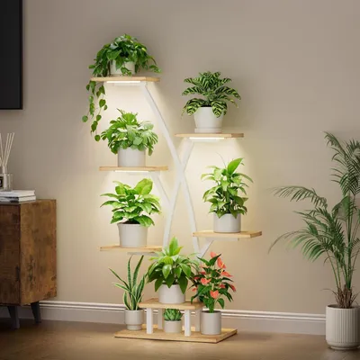 Immagine prodotto di Supporto per piante con luce di crescita - Scaffale per fiori - Piante da interno - 7 livelli - 105 cm - Bianco