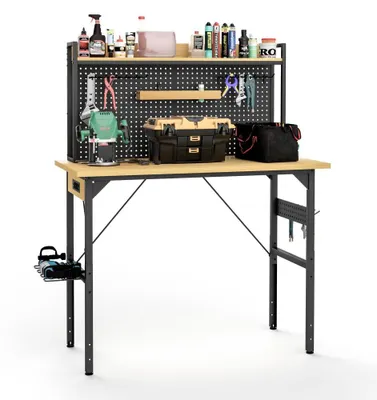 Produktbild von AIORBER Höhenverstellbare Werkbank 120cm mit Lochwand Rollen Steckdose USB Schwerlast Arbeitstisch 700kg Tragkraft Garagentisch Natur und Schwarz