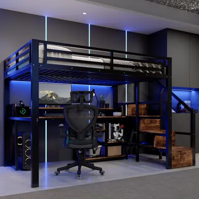 Produktbild von Flieks Etagenbett 140x200cm mit Schreibtisch und Ablage, Kinderbett Hochbett mit Led und Ladefunktion, Jugendbett Metallbett mit Treppe, Schwarz