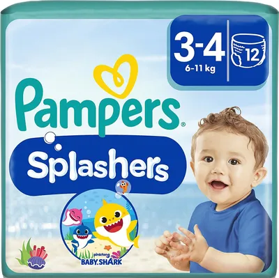 The image shows the packaging of Pampers Splashers swim diapers with a cartoon illustration of Baby Shark and a baby.