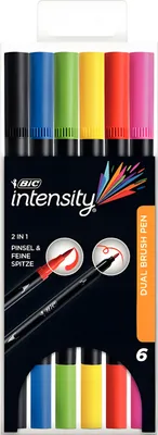 Produktbild von BIC® Fasermaler intensity® Dual Brush Pen, Doppelspitze, Filzspitze, Pinselspitze, Strichstärke 0,7 + 0,9 mm, 6 Stück, Kunststoffetui, sortiert