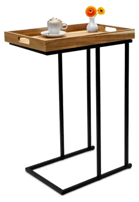 Produktbild von C-förmiger Beistelltisch schwarz – 60 x 45 cm – Dekotisch mit abnehmbarem Holztablett – praktischer Ablagetisch für Wohnzimmer und Sofa