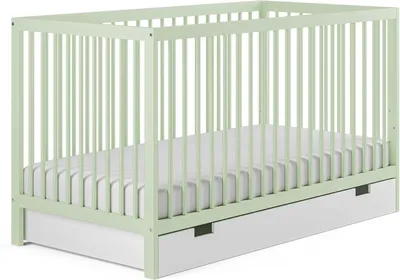 Produktbild von Babybett mit Schublade als Kinder- und Gitterbett, 60x120 & 70x140 cm, höhenverstellbar und mit herausnehmbaren Sprossen | 60x120 cm aus grünem Buchenholz, stabil, in Europa hergestellt