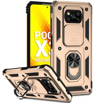 Immagine prodotto di Custodia per Xiaomi Poco X3 NFC / X3 Pro a doppio strato con copertura scorrevole della fotocamera e supporto ad anello Oro