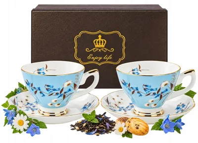Zdjęcie produktu dla Elegancka filiżanka 2 szt cienka porcelana 220ml niebieska 4 el złoty rant