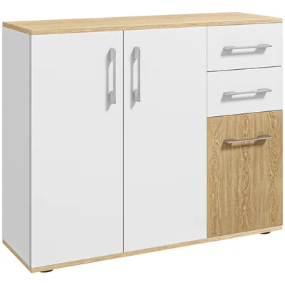 Image de HOMCOM Buffet salon, meuble de rangement avec 3 portes, 2 tiroirs et étagère réglable, style moderne, buffet salle à manger, cuisine et salon, 90 x 30 x 75,5 cm, blanc et bois naturel