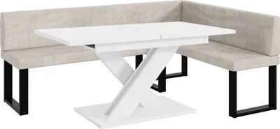 Produktbild von MEBLINI Eckbank für Esszimmer mit ausziehbarem Tisch  - Küchenbank - Essecke - Sitzecke Küche - TONI - U-Beine 142x196x87cm Rechts - Beige Samt/B Weiß Matt