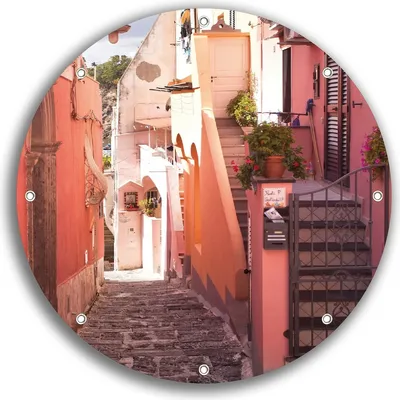Produktbild von Wallario rundes Outdoor-Poster für Garten oder Balkon, Motiv Südländische Gasse- Italien bei Sonnenschein, 30 cm Durchmesser