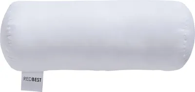 A white bolster pillow with a tag.