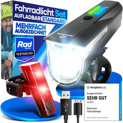 Produktbild von NEXTCOVER® Fahrradlicht Set mit [LightSense] Sensor & 11h Akkulaufzeit I USB aufladbar & wasserdicht I StVZO zugelassen I LED Fahrrad Licht vorne