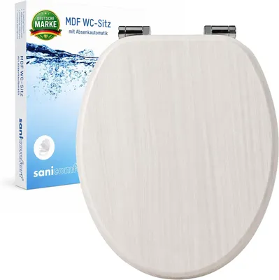 Produktbild von sanicomfort WC Sitz Wood white, MDF Holzkern, mit Absenkautomatik, Toilettensitz mit Klodecken, Klobrille und Deckel, verchromte Metallscharniere, einfache Montage