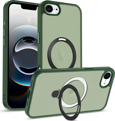 A green iPhone case with a magnetic ring is shown from multiple angles.