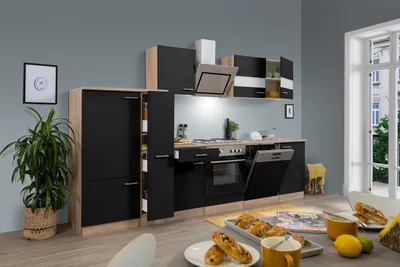 Produktbild von Küche Küchenzeile Küchenblock Einbauküche Eiche Schwarz Merle 310 cm Respekta