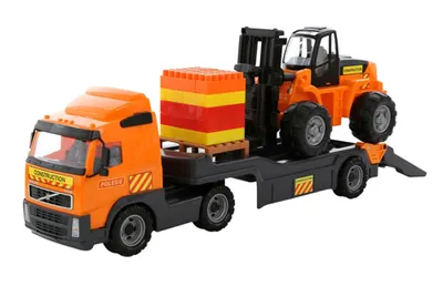 Image de WADER Camion Volvo Remorque surbaissée avec chariot élévateur et jeu de construction Mix