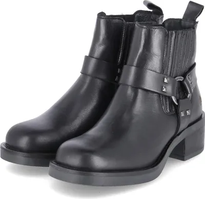 A pair of black leather ankle boots with a buckle and studs.