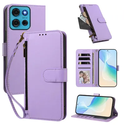 Obrázek produktu pro Peněženkové pouzdro pro Motorola Moto G75 5G,Polyuretankožené pouzdro s přihrádkami na karty, stojánkem a poutkem na ruku Světle fialová