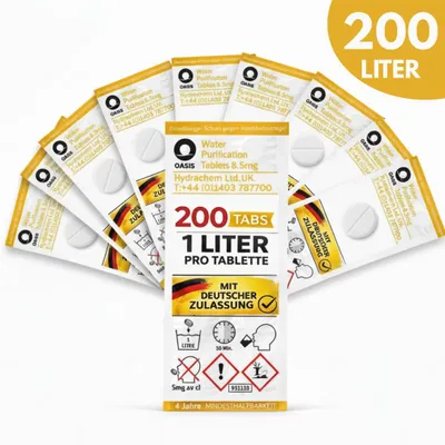 Produktbild von JUNG Oasis 200x1L (200L) Trinkwasseraufbereitung Tabletten 8,5mg GE+ faltbarer Wasserkanister Camping Wasserentkeimung Wasseraufbereitung Trinkwasser