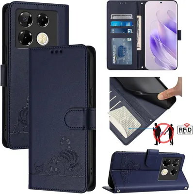 Produktbild von Leder Hülle für Infinix Note 40 Pro 4G Süße Katze Flip Case Brieftasche Schutzhülle mit Standfunktion Blau