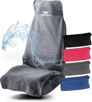A car seat cover with water splashing on it, and several smaller seat covers in different colors shown to the right.