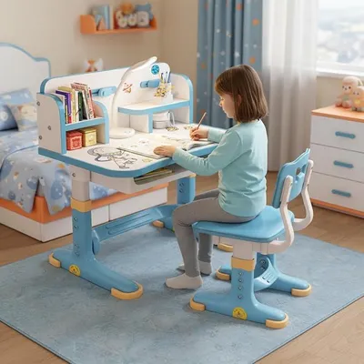 Obrázek produktu pro Dětská psací stůl s židlí, ergonomický dětský stůl se zásuvkou, nastavitelná výška, robustní kovová konstrukce, vhodný pro děti od 3 let, pro domácí použití (modrá)