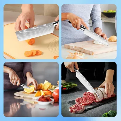 Obrázok produktu pre 5-dielna sada nožov z nehrdzavejúcej ocele s japonskými ostrými nožmi a ergonomickými rukoväťami, vhodná pre profesionálnych kuchárov aj začiatočníkov