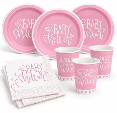 Produktbild von 48 Teile Baby Shower Herzchen in Rosa Party Deko Set für 16 Personen