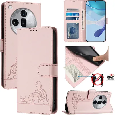 Produktbild von Leder Hülle für Oppo Find X7 Ultra Süße Katze Flip Case Brieftasche Schutzhülle mit Standfunktion Pink
