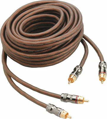 A coiled brown audio cable with RCA connectors.