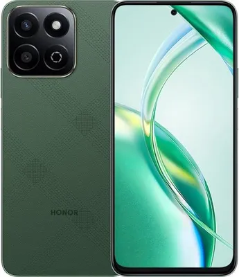 A product shot of a green smartphone, showing both the front and back.