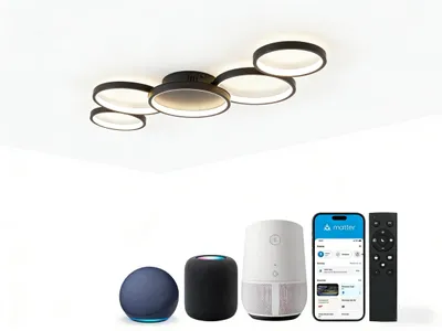 Produktbild von KAUFHOF LED Deckenleuchte 5 kreisförmige Ringe Schwarz, 56W Smart dimmbar mit Fernbedienung