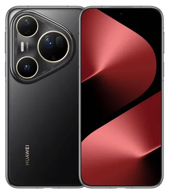 A black Huawei Pura 80 Ultra smartphone is shown from the front and back, with the screen displaying a red abstract design.