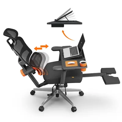 An ergonomic office chair with a laptop workstation and footrest, shown from a side angle.