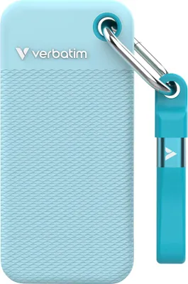 A light blue Verbatim pocket SSD with a silver carabiner clip attached.
