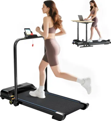 Produktbild von Laufband - 2‑in‑1 klappbares Walking Pad für unter den Schreibtisch - Motor 2,5 PS - Geschwindigkeit 10 km/h - LED‑Display - Fernbedienung - Tragbar - Schwarz und Blau