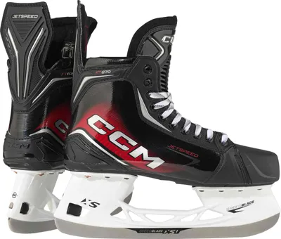 A pair of black and red CCM JETSPEED 870 ice skates.