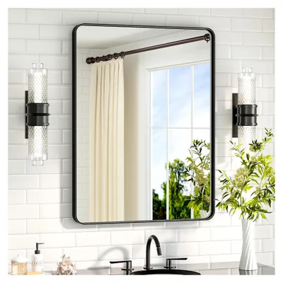 Produktbild von Rechteckiger Wandspiegel 60x80cm in Schwarz ohne Beleuchtung, Badspiegel mit abgerundeten Ecken und Metallrahmen