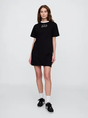 Produktbild von Gap Kleid XS Schwarz aus 100% Baumwolle mit Logo, Rundhalsausschnitt, Kurzarm, gerader Schnitt