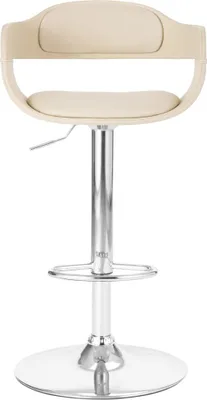 A front view of a beige bar stool with a silver base and stem.