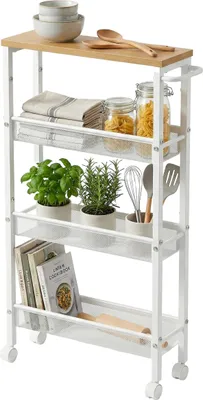 Image de Étagère de niche Relaxdays, H x l x P : 77 x 13 x 45 cm, étagère de niche étroite pour salle de bains et cuisine, 4 niveaux, étagère à roulettes en métal, naturel/blanc