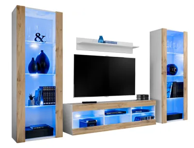 Produktbild von Komodee | Wohnwand Wohnzimmerset Tivoli Grande, Korpus Weiß Matt Frontfarbe Wotan Matt, LED Blau
