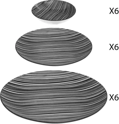 Three plates of different sizes are stacked on a white background. Each plate has a black and white striped pattern.