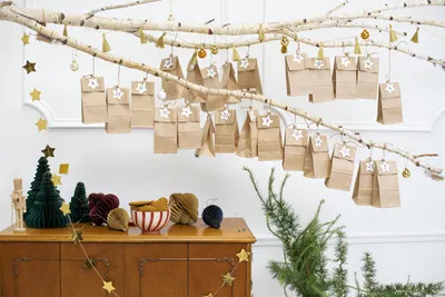 Produktbild von DIY Adventskalender-Tüten in Kraftfarbe mit Sternen und Klammern