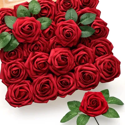Produktbild von 50 Stück rote Rosen, künstliche Blumen, dunkelrote Rosen aus echtem Schaumstoff, Imitationsrosen, Großpackung mit Stiel, DIY-Bastelblumen für Hochzeiten