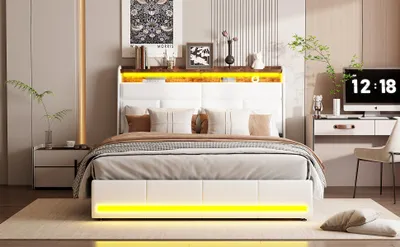 Obrázok produktu pre Čalúnená manželská posteľ 140 x 200 cm, úložný priestor s LED osvetlením, lamelový rošt, biela