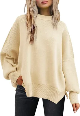 Produktbild von ASKSA Damen Pullover Langarm Rundhals Strickpullover Oversized Seitlichem Schlitz Rippstrick Sweater, Aprikose, S