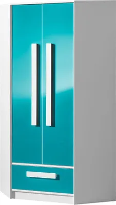 Produktbild von Kinderzimmer - Drehtürenschrank / Eckkleiderschrank Walter 02, Farbe: Weiß / Blau Hochglanz - 191 x 87 x 87 cm (H x B x T)