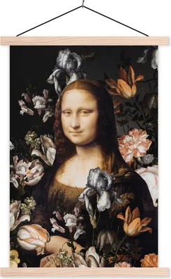Produktbild von MuchoWow® Textilposter Mona Lisa - Leonardo da Vinci - Blumen 120x180 cm mit holzfarbenen Rahmen - Textil-Plakat