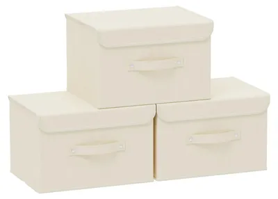 Produktbild von 3 faltbare Aufbewahrungsboxen aus Stoff mit Bezug, für würfelförmige Regale, Kleideraufbewahrung, 26 × 20 × 17 cm, beige